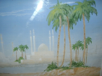 Antique WATERCOLOUR WITH OASIS & PALACE IN THE BACKGROUND DEPICTING CAMEL & RIDER C1923