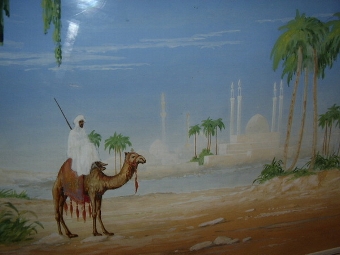 Antique WATERCOLOUR WITH OASIS & PALACE IN THE BACKGROUND DEPICTING CAMEL & RIDER C1923