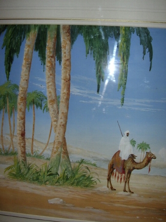 Antique WATERCOLOUR WITH OASIS & PALACE IN THE BACKGROUND DEPICTING CAMEL & RIDER C1923