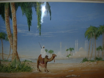 Antique WATERCOLOUR WITH OASIS & PALACE IN THE BACKGROUND DEPICTING CAMEL & RIDER C1923