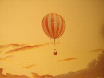 Antique PRINT ON BOARD OF BALLOON IN FLIGHT ABOVE CLOUDS C1960 BY DAVID GRANT  42 INS X 30