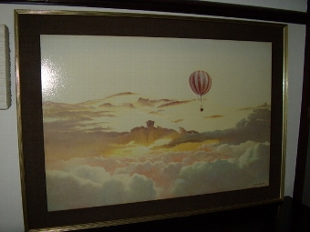 Antique PRINT ON BOARD OF BALLOON IN FLIGHT ABOVE CLOUDS C1960 BY DAVID GRANT  42 INS X 30