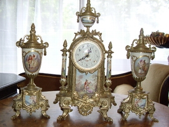 Antique FRENCH CLOCK SET WITH PAINTED PORCELAIN PANELS & GARNITURES.