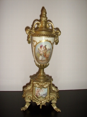 Antique FRENCH CLOCK SET WITH PAINTED PORCELAIN PANELS & GARNITURES.