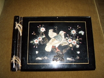 ANTIQUE POST CARD ALBUM IN CHINESE LACQUERED FINISH WITH BIRD & FLOWER ONLAY C1920  16 X 11 INCHE...