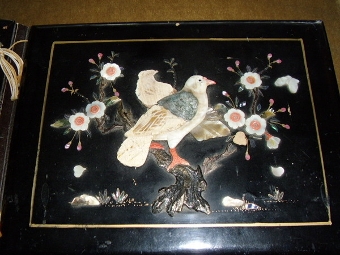 Antique ANTIQUE POST CARD ALBUM IN CHINESE LACQUERED FINISH WITH BIRD & FLOWER ONLAY C1920  16 X 11 INCHES 
