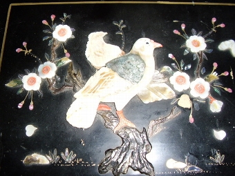 Antique ANTIQUE POST CARD ALBUM IN CHINESE LACQUERED FINISH WITH BIRD & FLOWER ONLAY C1920  16 X 11 INCHES 