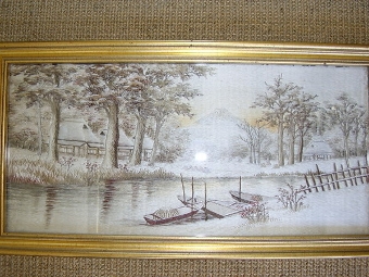 Antique QUALITY PAIR OF SILK HAND EMBROIDERED WINTER  LANDSCAPE PICTURES