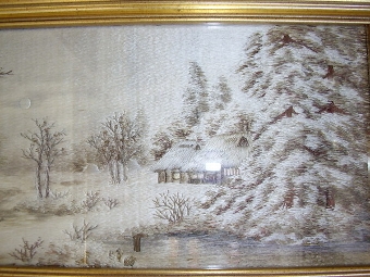 Antique QUALITY PAIR OF SILK HAND EMBROIDERED WINTER  LANDSCAPE PICTURES