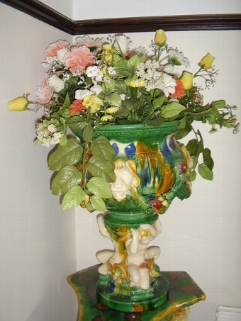 Antique MAJOLICA STYLE TAUREEN PLANTER ON STAND