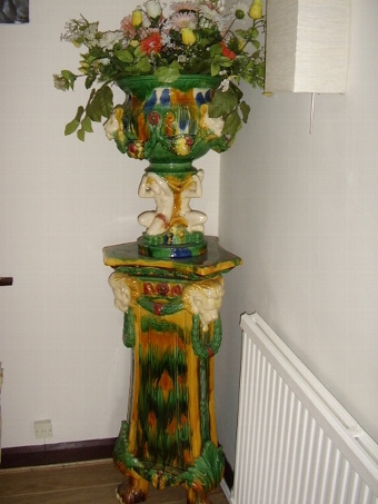 Antique MAJOLICA STYLE TAUREEN PLANTER ON STAND