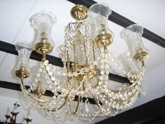 Antique RESERVED CHRYSTAL CHANDERLIER WITH ETCHED GLASS  SHADES & GOLD PLATED ARMS (ONE OF A PAIR) 22 X 25 INS.