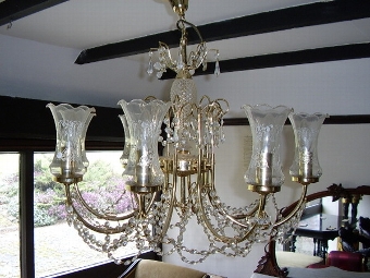 Antique RESERVED CHRYSTAL CHANDERLIER WITH ETCHED GLASS  SHADES & GOLD PLATED ARMS (ONE OF A PAIR) 22 X 25 INS.