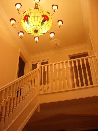 ART DECO TIFFANY STAINED & LEADED GLASS LIGHT WITH SHADES (50 INCH DIA.X 20 INCHES DEPTH)