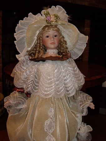 Antique QUALITY PORCELAIN COLLECTORS DOLL IN PERIOD DRESS 4 FT HIGH LIFE SIZE