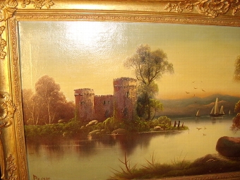 Antique QUALITY OIL ON CANVAS OF URQUHART CASTLE RUINS ON LOCH NESS SCOTLAND CIRCA 1850-70  MEASURING  45.5  X  23.5  INCHES
