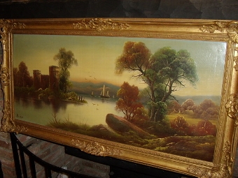 Antique QUALITY OIL ON CANVAS OF URQUHART CASTLE RUINS ON LOCH NESS SCOTLAND CIRCA 1850-70  MEASURING  45.5  X  23.5  INCHES