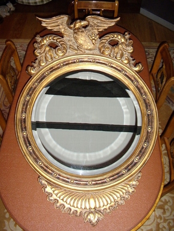 REGENCY STYLE ROUND BEVAL CUT EAGLE MIRROR IN GOLD 45 X 29 INCHES