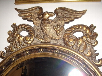 Antique REGENCY STYLE ROUND BEVAL CUT EAGLE MIRROR IN GOLD 45 X 29 INCHES