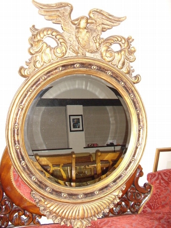 Antique REGENCY STYLE ROUND BEVAL CUT EAGLE MIRROR IN GOLD 45 X 29 INCHES