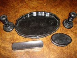 EARLY EBONY DRESSING TABLE SET COMPRISING TRAY,PAIR CANDLESTICKS JEWELLERY BOX & CLOTHES BRUSH