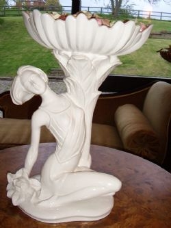 ART NOUVEAU STYLE PORCELAIN LADY HOLDING A BASKET OF DRIED ROSE PETTLES 