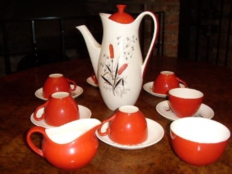 CROWN CLARENCE STAFFORDSHIRE POTTERY COFFEE SET WITH WHEAT DESIGN IN RED 