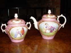 SERVES HAND PAINTED TEAPOT & SUGAR POT C1860-80