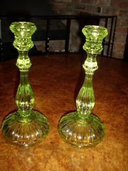 PAIR EDWARDIAN GREEN GLASS CANDLESTICKS 