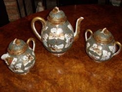 ORIENTAL TEAPOT MILK & SUGAR SET WITH BOWL ALL HAND PAINTED & ENAMELLED C1900-20 