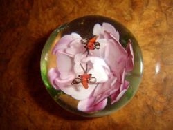 GLASS PAPERWEIGHT WITH PINK ROSE & TWO INSECTS INSIDE