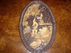 BRETBY WARE ORIENTAL TERRACOTTA OVAL WALL PLACQUE DEPICTING MEN FISHING C1920