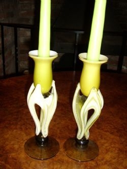 PAIR OF LIME GREEN & CREAM GLASS CANLESTICKS C1920 