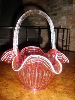 CRANBERRY GLASS VICTORIAN BASKET WITH CREAM DECORATION & CLEAR LOOP HANDLE 