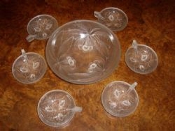 ART GLASS PUNCH BOWL SET WITH 6 SAMPLERS BY G.VALLON OF FRANCE 1920