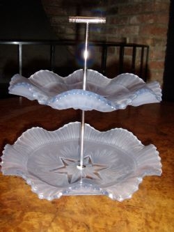TWO TIER CAKE STAND IN MILK GLASS WITH CHROMIUM ROD SUPPORT & 'T'BAR HANDLE 1920