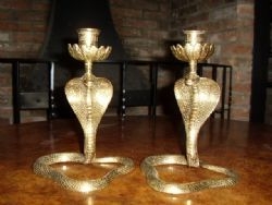 PAIR OF SOLID BRASS SNAKE CANDLESTICK WITH COILED TAILS 