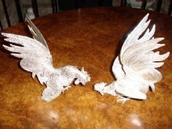 PAIR OF CONTINENTAL SOLID CHROMIUM & SILVER PLATED TABLE COCKRELLS READY TO FIGHT 