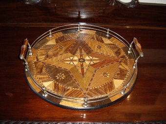 INLAID ROUND MARQUETRY DRINKS TRAY WITH SILVERED SIDE RAILS & PAIR  OF WOODEN TURNED HANDLES  16 ...