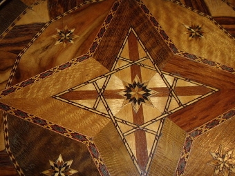 Antique INLAID ROUND MARQUETRY DRINKS TRAY WITH SILVERED SIDE RAILS & PAIR  OF WOODEN TURNED HANDLES  16 INCHES DIAMETER