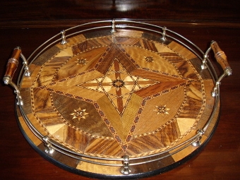 Antique INLAID ROUND MARQUETRY DRINKS TRAY WITH SILVERED SIDE RAILS & PAIR  OF WOODEN TURNED HANDLES  16 INCHES DIAMETER
