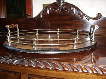 Antique INLAID ROUND MARQUETRY DRINKS TRAY WITH SILVERED SIDE RAILS & PAIR  OF WOODEN TURNED HANDLES  16 INCHES DIAMETER