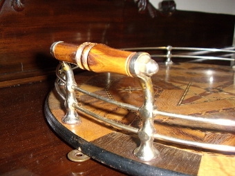 Antique INLAID ROUND MARQUETRY DRINKS TRAY WITH SILVERED SIDE RAILS & PAIR  OF WOODEN TURNED HANDLES  16 INCHES DIAMETER