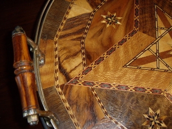 Antique INLAID ROUND MARQUETRY DRINKS TRAY WITH SILVERED SIDE RAILS & PAIR  OF WOODEN TURNED HANDLES  16 INCHES DIAMETER
