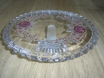 GLASS EMBOSSED TAZZA WITH RUBY FLOWER DESIGN  12 INCHES DIAMETER