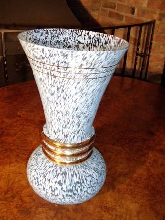 Antique BLUE & WHITE SPECKLE GLASS VASE WITH GOLD BANDED COLLAR DESIGN 