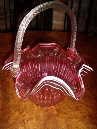 Antique CRANBERRY GLASS VICTORIAN BASKET WITH CREAM DECORATION & CLEAR LOOP HANDLE 