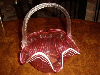 Antique CRANBERRY GLASS VICTORIAN BASKET WITH CREAM DECORATION & CLEAR LOOP HANDLE 