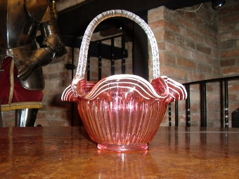 Antique CRANBERRY GLASS VICTORIAN BASKET WITH CREAM DECORATION & CLEAR LOOP HANDLE 