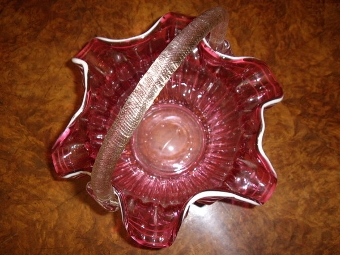 Antique CRANBERRY GLASS VICTORIAN BASKET WITH CREAM DECORATION & CLEAR LOOP HANDLE 